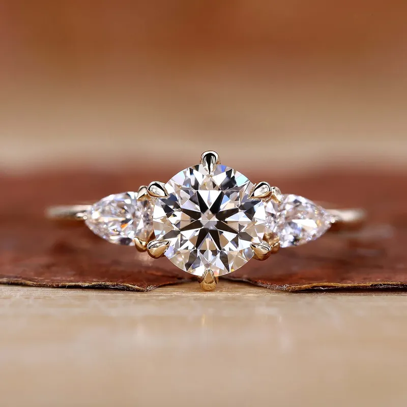 Round Diamond with Pear Side Stones Ring - Unique Charm round cut engagement ring