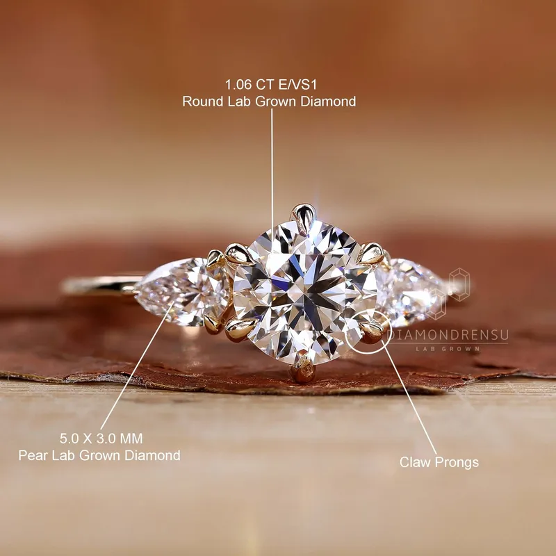 Round Diamond with Pear Side Stones Ring - Unique Charm view 9