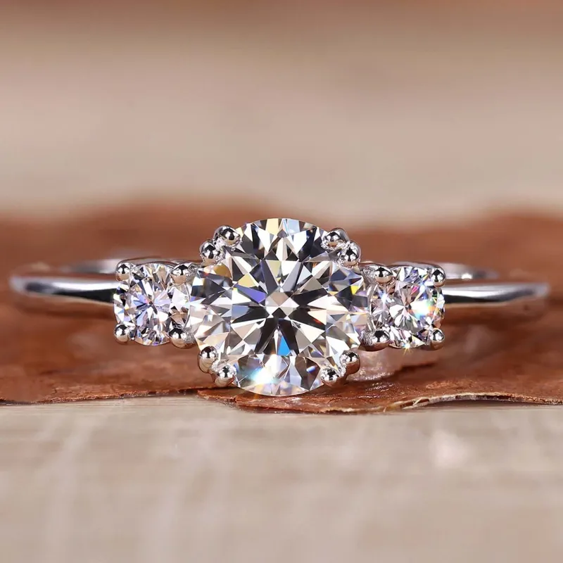 Round Lab Created Diamond Three Stone Engagement Ring for Women round cut engagement ring