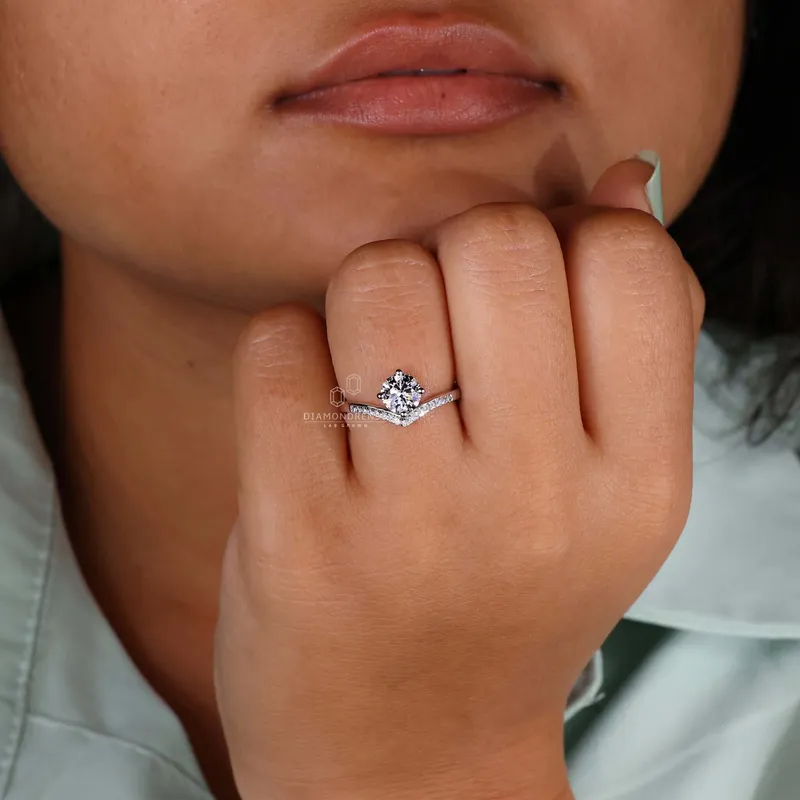 Round Lab Grown Diamond Engagement Ring, Chevron Diamond Ring view 8