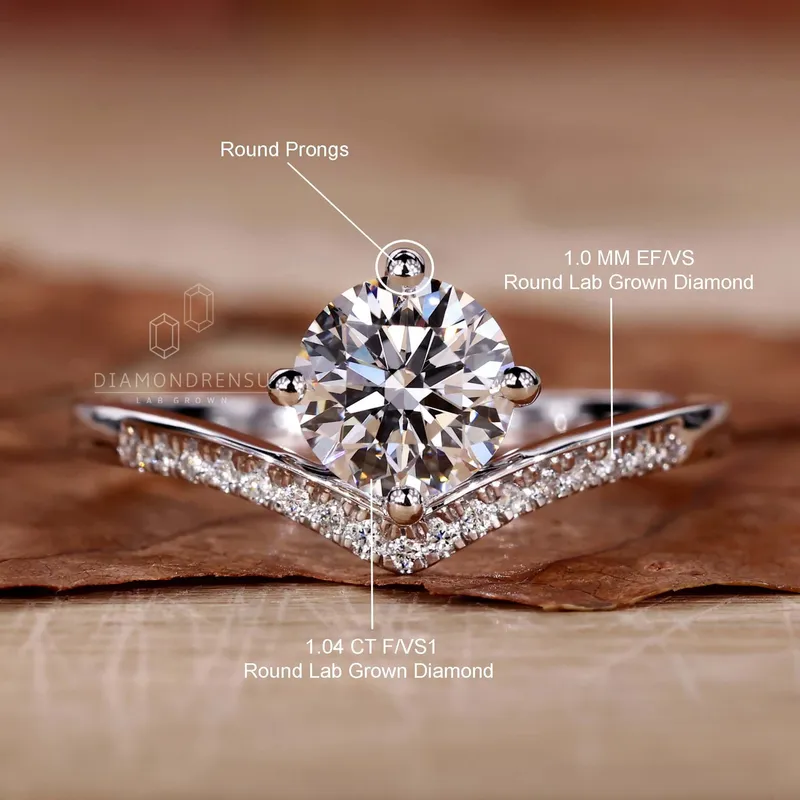 Round Lab Grown Diamond Engagement Ring, Chevron Diamond Ring view 9