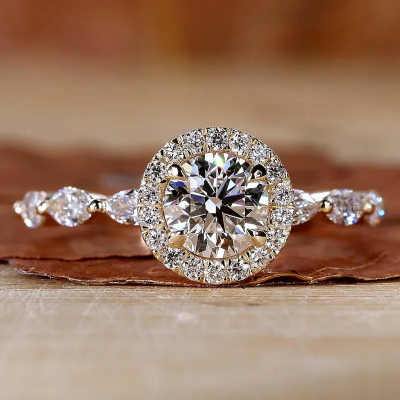 Round Lab Grown Diamond Halo Engagement Ring With Marquise Pave round cut engagement ring