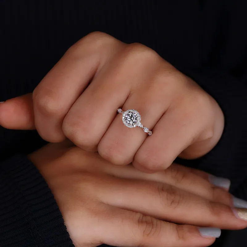 Round Lab Grown Diamond Halo Engagement Ring With Marquise Pave view 4