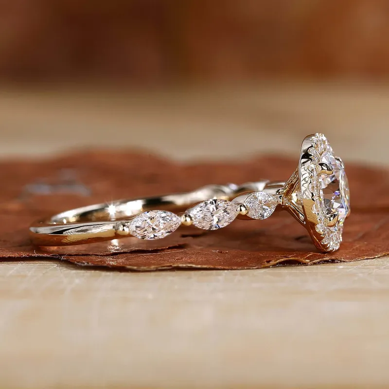 Round Lab Grown Diamond Halo Engagement Ring With Marquise Pave view 3