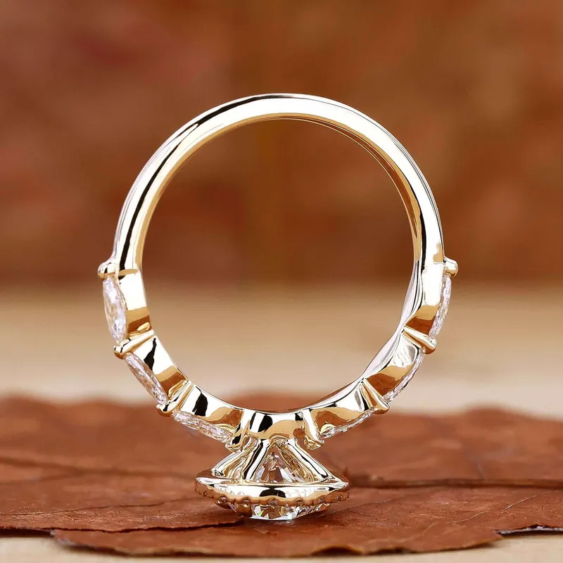 Round Lab Grown Diamond Halo Engagement Ring With Marquise Pave view 6