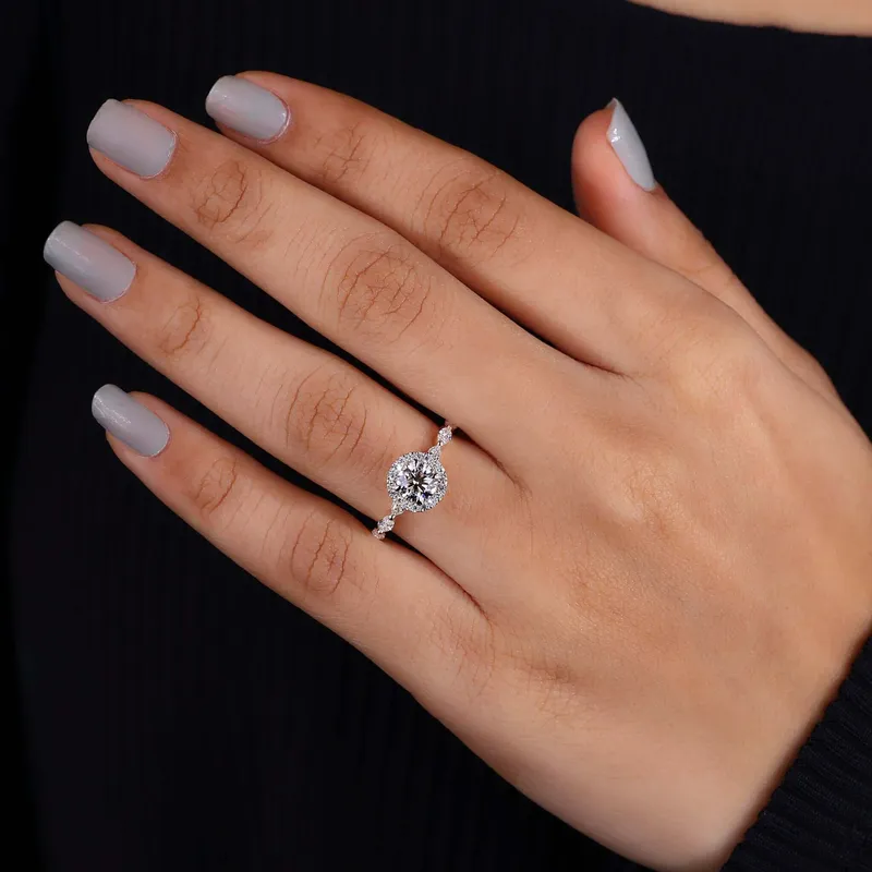 Round Lab Grown Diamond Halo Engagement Ring With Marquise Pave view 7