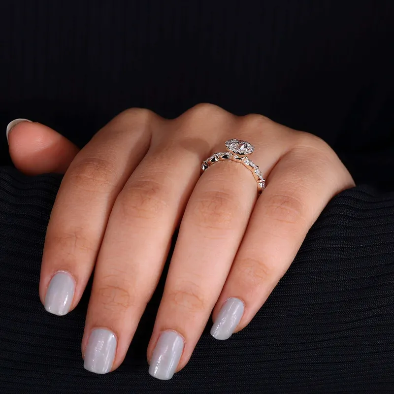 Round Lab Grown Diamond Halo Engagement Ring With Marquise Pave view 8