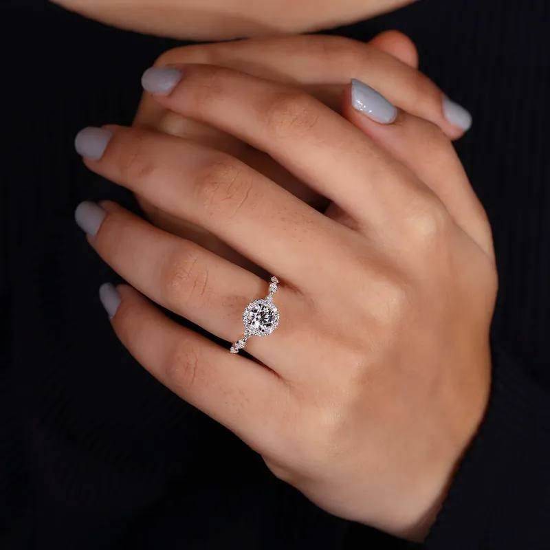Round Lab Grown Diamond Halo Engagement Ring With Marquise Pave view 2