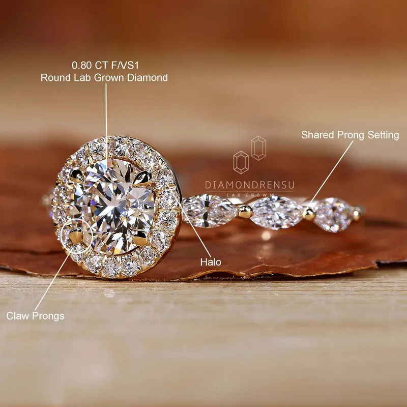 Round Lab Grown Diamond Halo Engagement Ring With Marquise Pave view 10