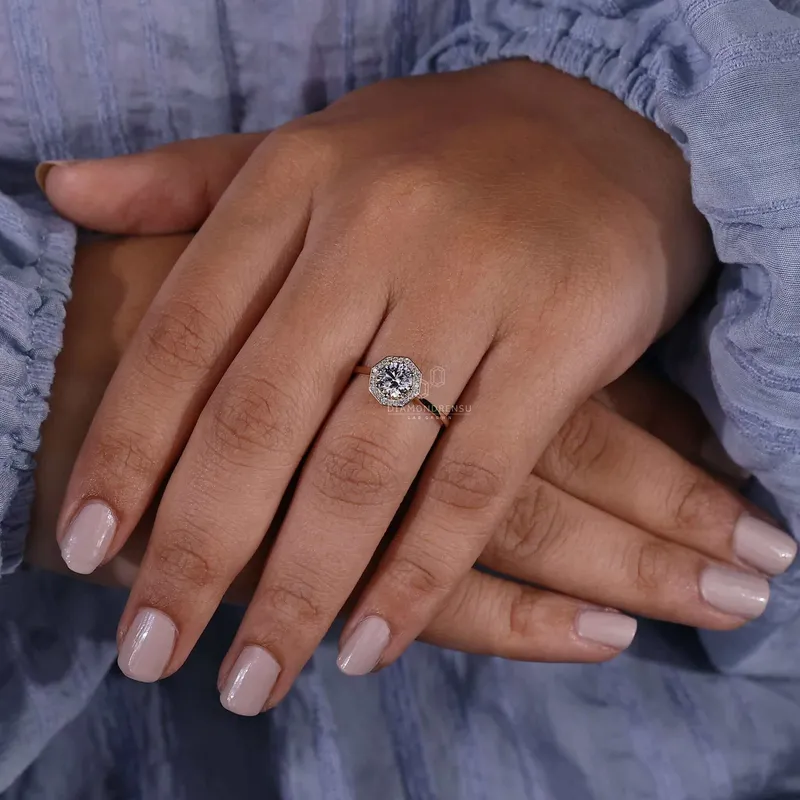 Round Lab Grown Diamond Octagonal Halo Engagement Ring view 3