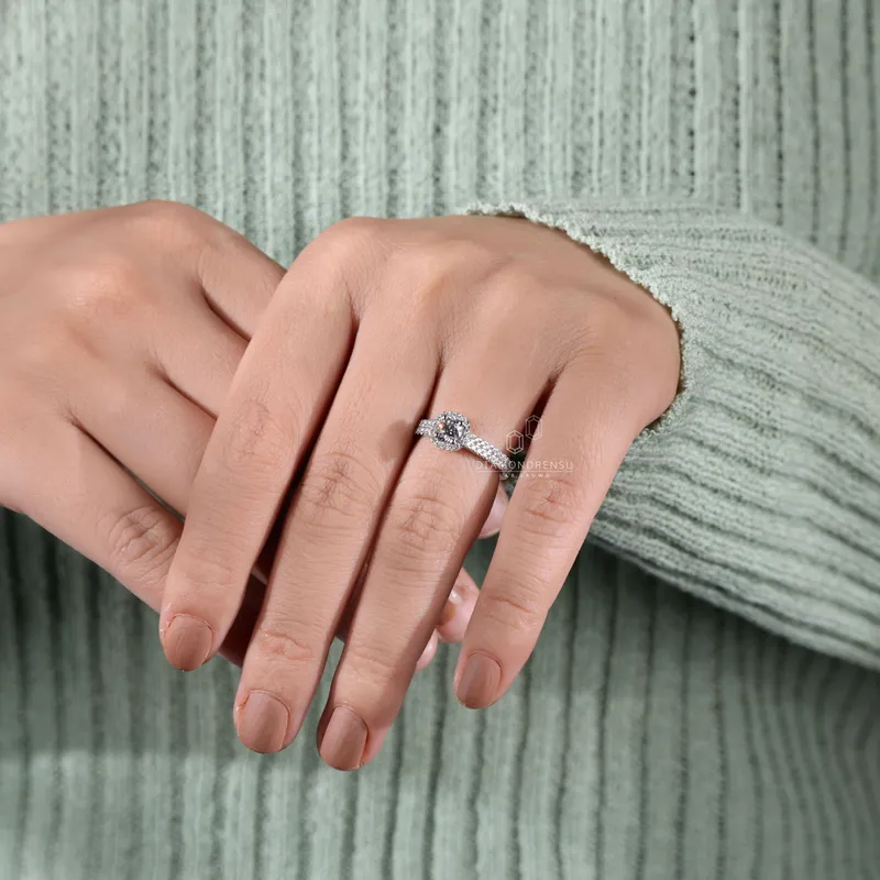 Round Lab Grown Diamond Ring, Halo Engagement Ring for Women view 2