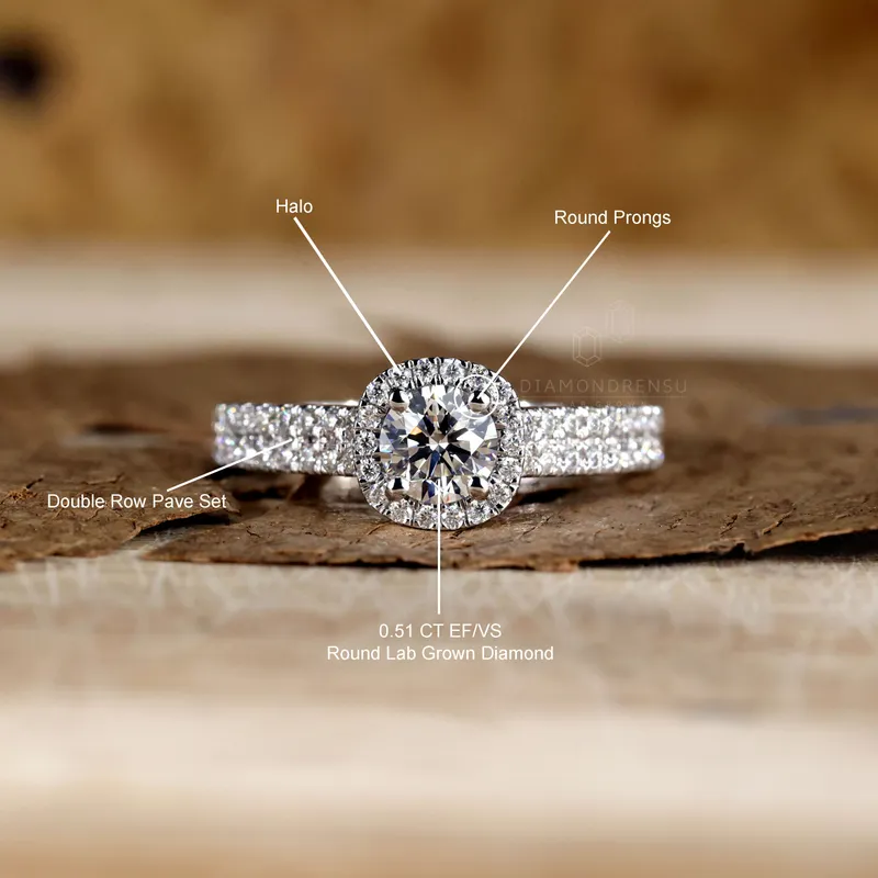 Round Lab Grown Diamond Ring, Halo Engagement Ring for Women view 9