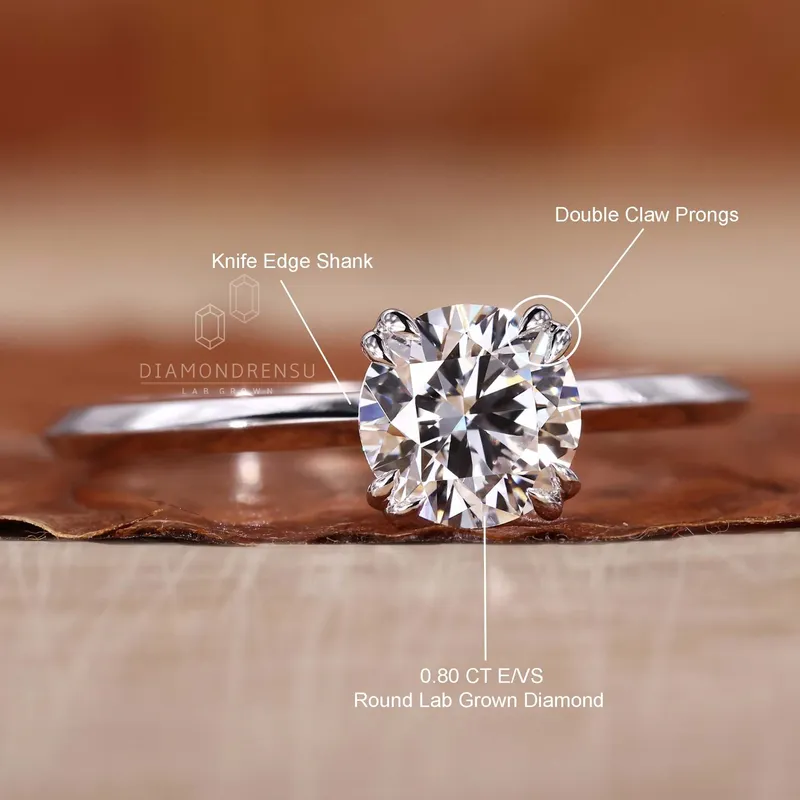 Round Lab Grown Diamond Solitaire Engagement Ring, Double Claw Prongs view 9