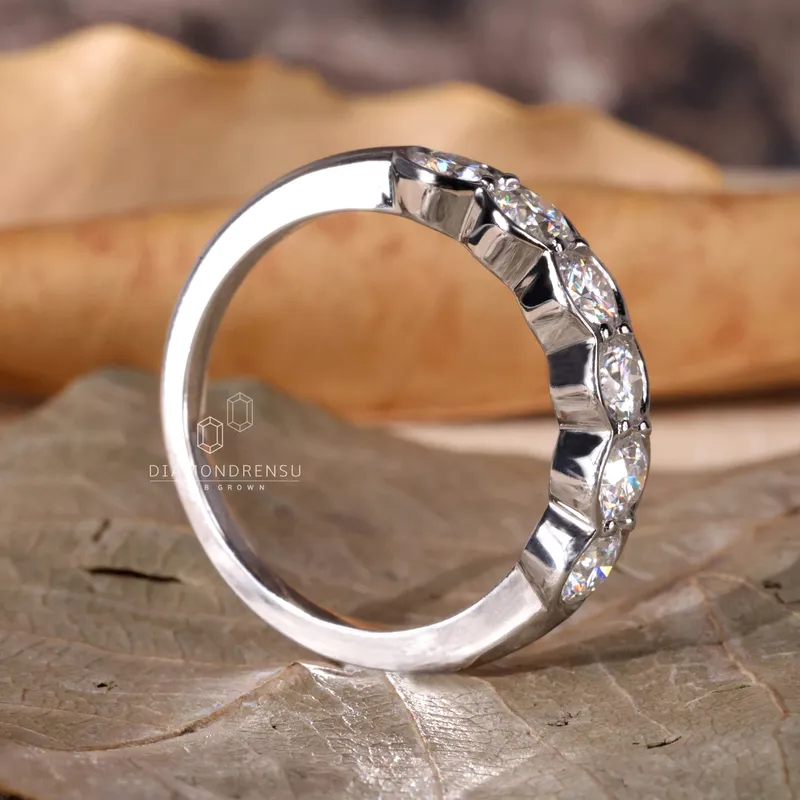 Round Lab Grown Diamond Wedding Band, Six Stones Half Bezel Set Band view 5