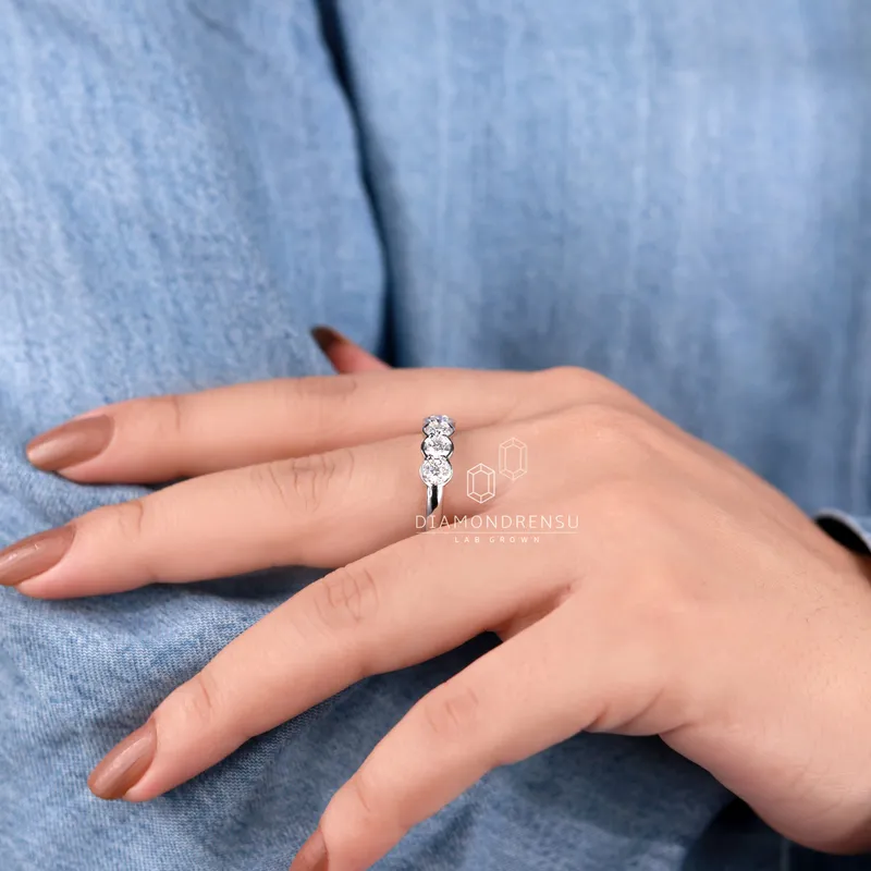 Round Lab Grown Diamond Wedding Band, Six Stones Half Bezel Set Band view 7