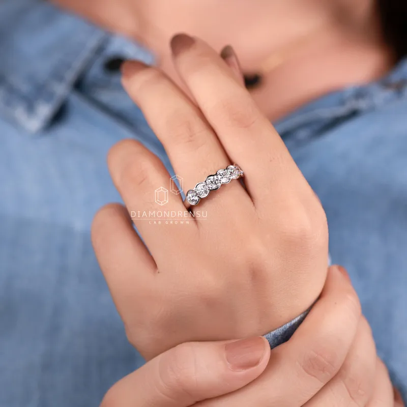 Round Lab Grown Diamond Wedding Band, Six Stones Half Bezel Set Band view 2