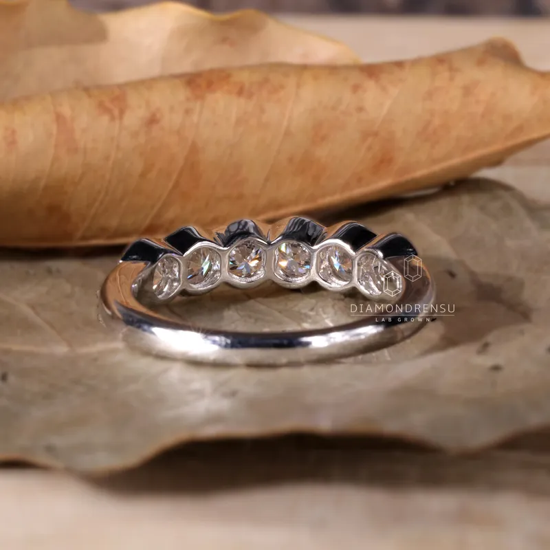 Round Lab Grown Diamond Wedding Band, Six Stones Half Bezel Set Band view 3