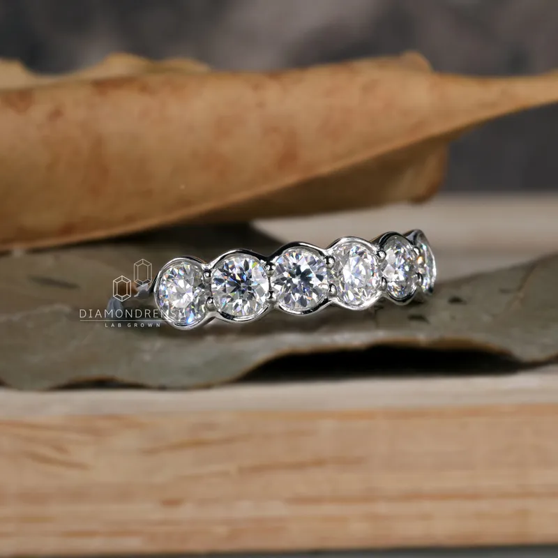 Round Lab Grown Diamond Wedding Band, Six Stones Half Bezel Set Band view 4