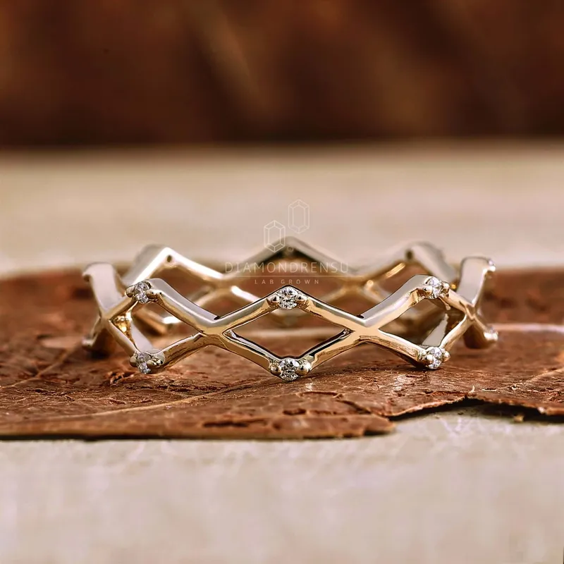 Round Lab Grown Diamond Wedding Band, Unique Designer Matching Band vy 2