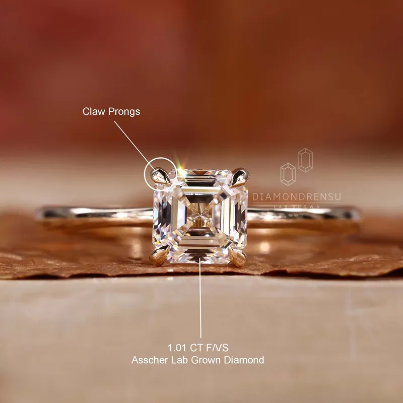 Solitaire Engagement Ring, Asscher Cut Lab Grown Diamond Ring vy 9