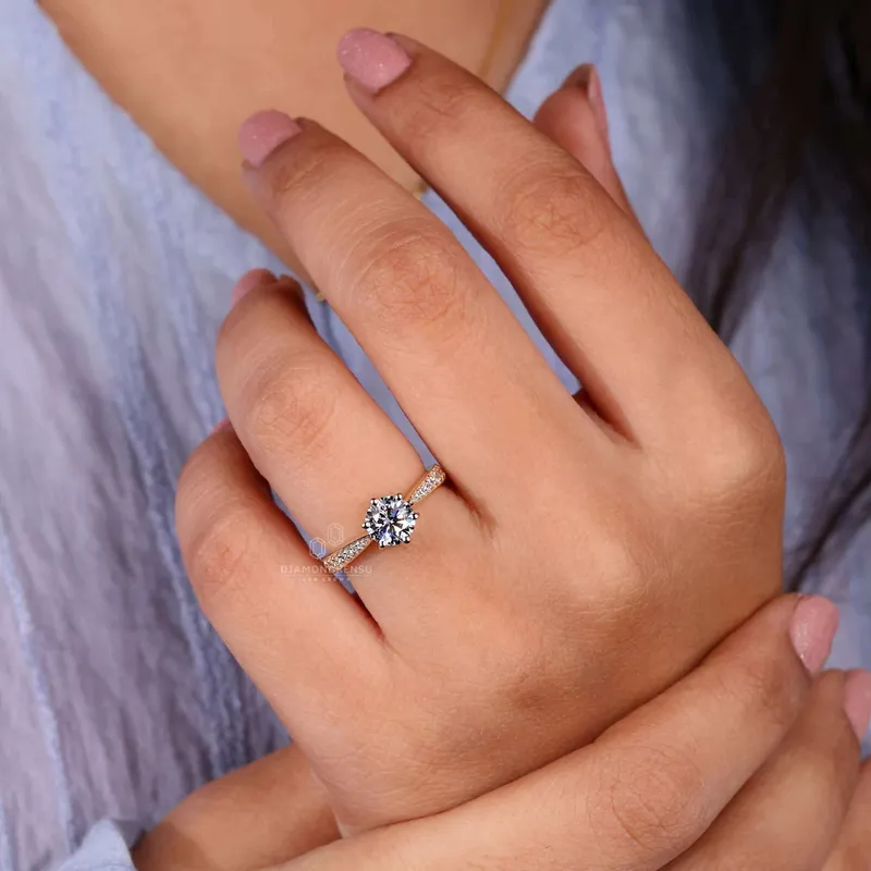 Tapered Pave Band Round Lab Grown Diamond Engagement Ring view 3