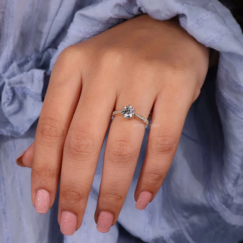 Tapered Pave Band Round Lab Grown Diamond Engagement Ring view 5