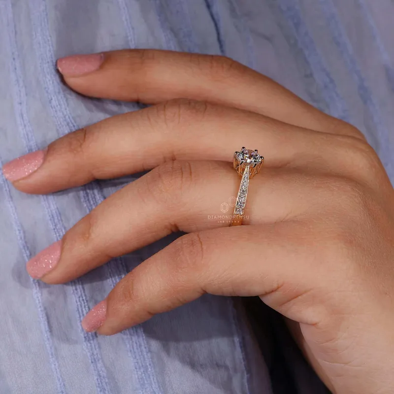 Tapered Pave Band Round Lab Grown Diamond Engagement Ring view 8