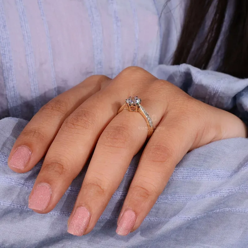 Tapered Pave Band Round Lab Grown Diamond Engagement Ring view 7