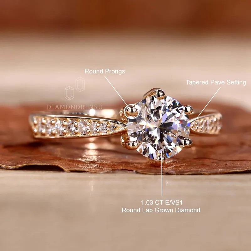 Tapered Pave Band Round Lab Grown Diamond Engagement Ring view 9