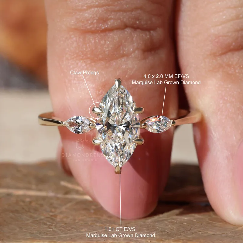 Three Stone Engagement Ring, 1 CT Marquise Cut Lab Grown Diamond Ring vy 9