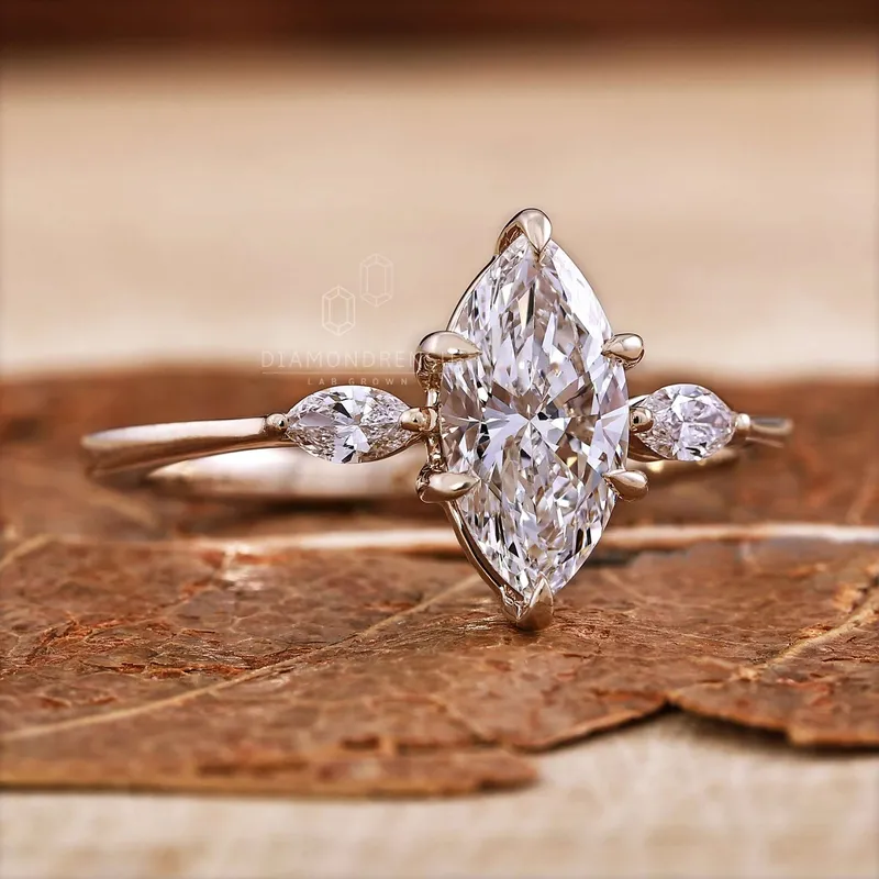 Three Stone Engagement Ring, 1 CT Marquise Cut Lab Grown Diamond Ring vy 4