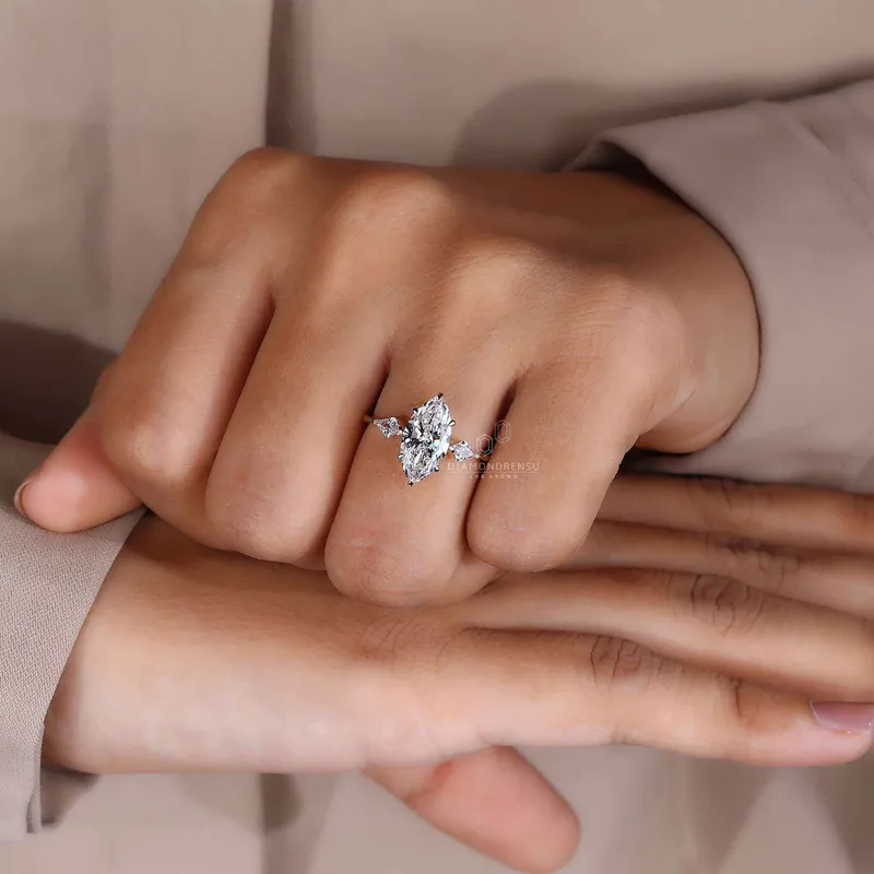 Three Stone Marquise Engagement Ring with Side Kite Cut Diamonds view 3