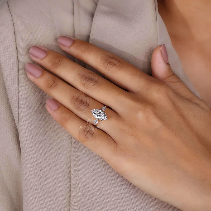 Three Stone Marquise Engagement Ring with Side Kite Cut Diamonds view 5