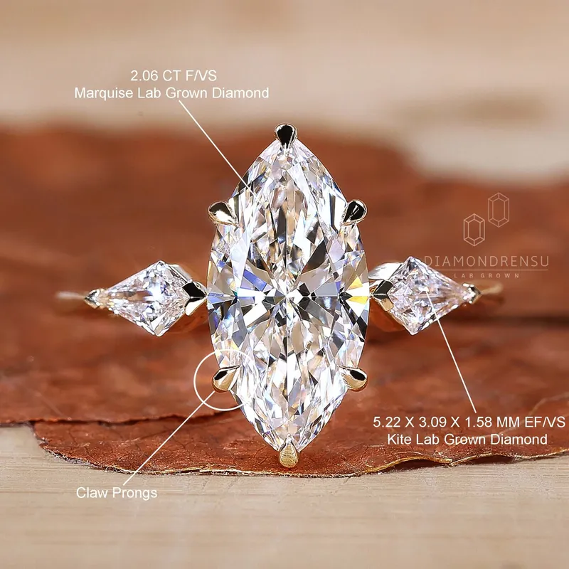 Three Stone Marquise Engagement Ring with Side Kite Cut Diamonds view 9