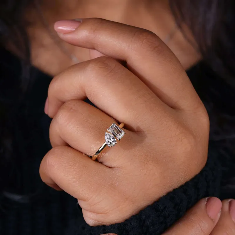 Toi Et Moi Engagement Ring, 1.59 TW Emerald and Pear Cut Lab Grown Diamond Ring view 4