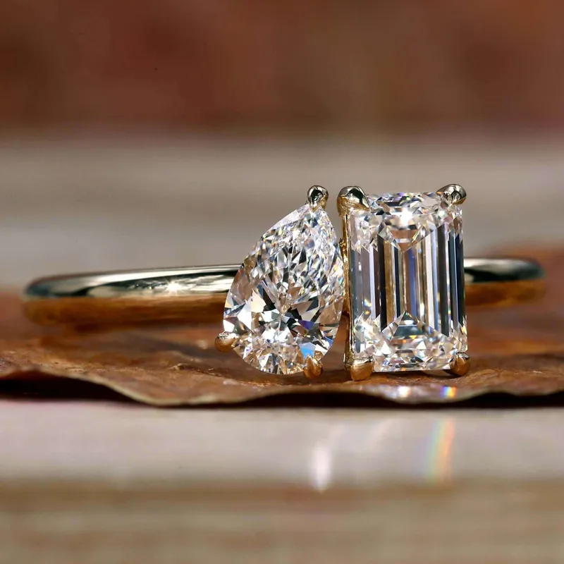 Toi Et Moi Engagement Ring, 1.59 TW Emerald and Pear Cut Lab Grown Diamond Ring emerald emerald cut engagement ring