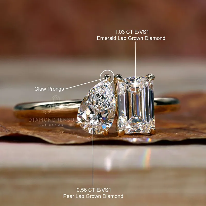 Toi Et Moi Engagement Ring, 1.59 TW Emerald and Pear Cut Lab Grown Diamond Ring view 9
