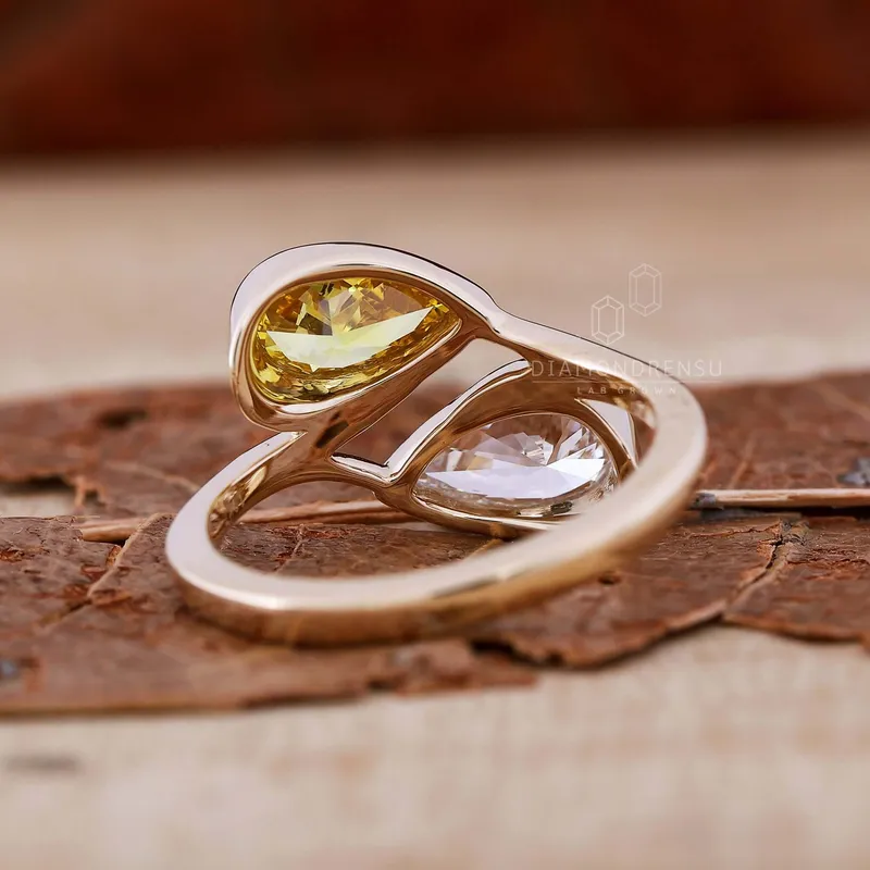 Toi Et Moi Ring, 1.44 TW Pear Intense Yellow and D Color Lab Grown Diamond Ring view 4