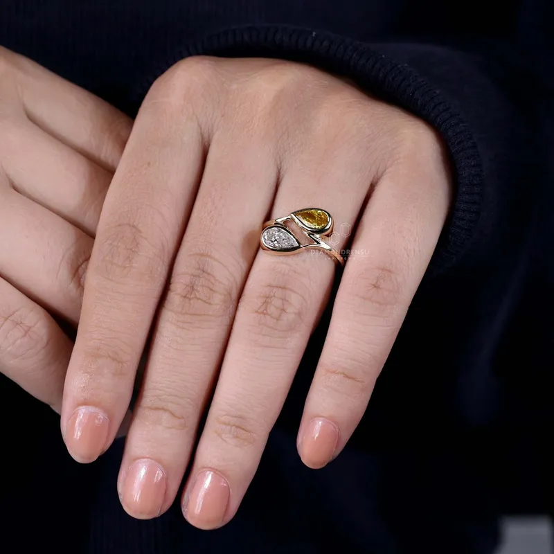 Toi Et Moi Ring, 1.44 TW Pear Intense Yellow and D Color Lab Grown Diamond Ring view 7
