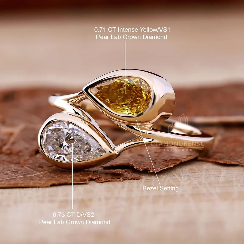 Toi Et Moi Ring, 1.44 TW Pear Intense Yellow and D Color Lab Grown Diamond Ring view 9