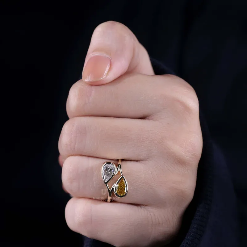 Toi Et Moi Ring, 1.44 TW Pear Intense Yellow and D Color Lab Grown Diamond Ring view 2