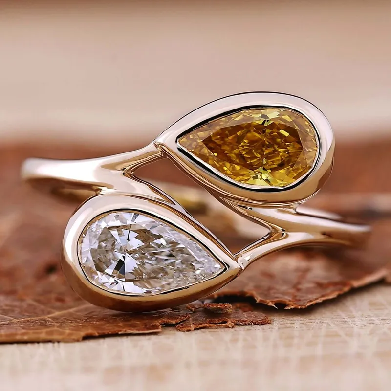 Toi Et Moi Ring, 1.44 TW Pear Intense Yellow and D Color Lab Grown Diamond Ring pear cut engagement ring