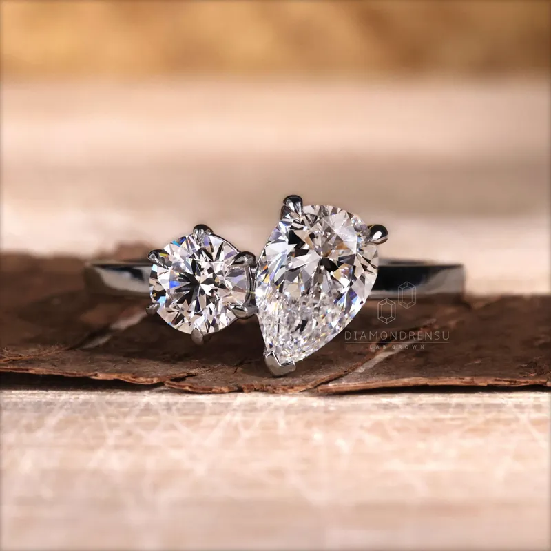 Toi Et Moi Ring, 1.59 TW Pear and Round Cut Lab Grown Diamond Engagement Ring view 4