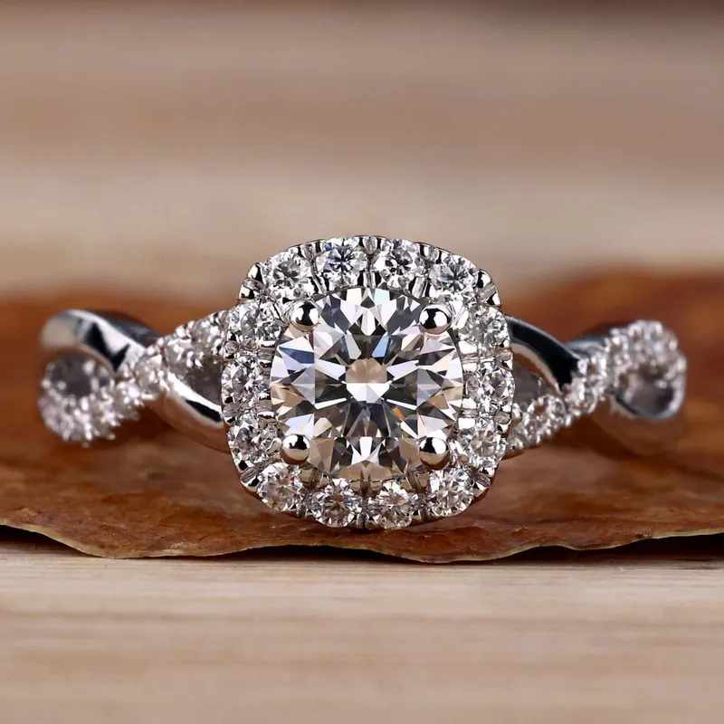 Twisted Pave Shank 0.73 CT Round Lab Grown Diamond Halo Engagement Ring round cut engagement ring