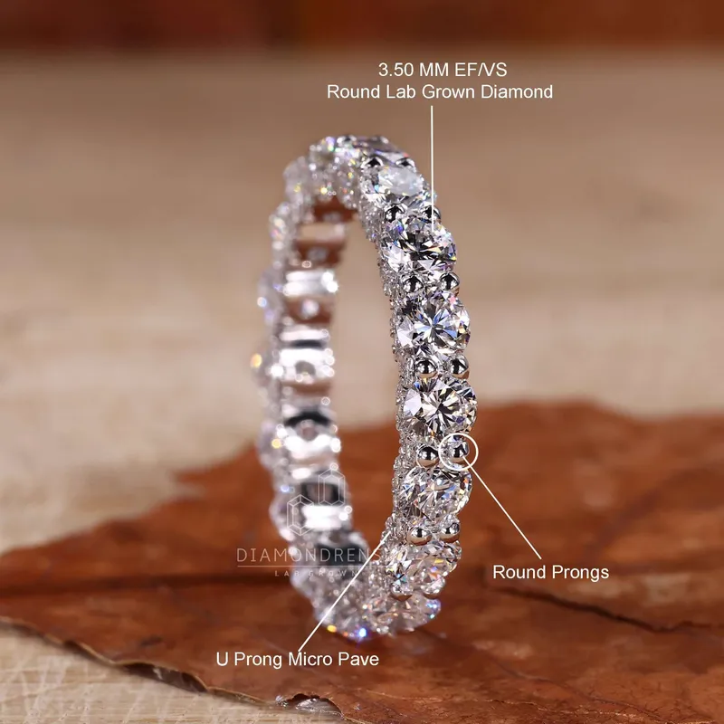U Prong Micro Pave wedding Band, Round Lab Grown Diamond Eternity Band view 9