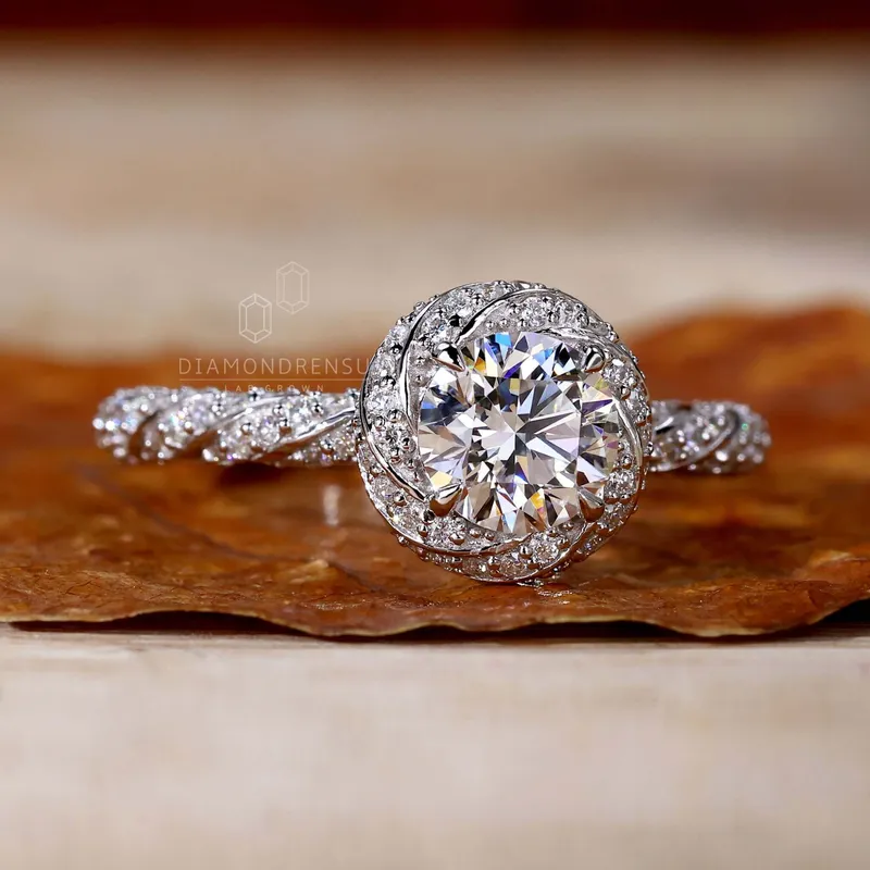 Unique Twisted Halo 0.85 CT Round Lab Grown Diamond Engagement Ring view 3