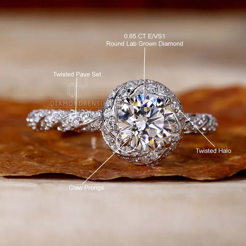 Unique Twisted Halo 0.85 CT Round Lab Grown Diamond Engagement Ring view 9