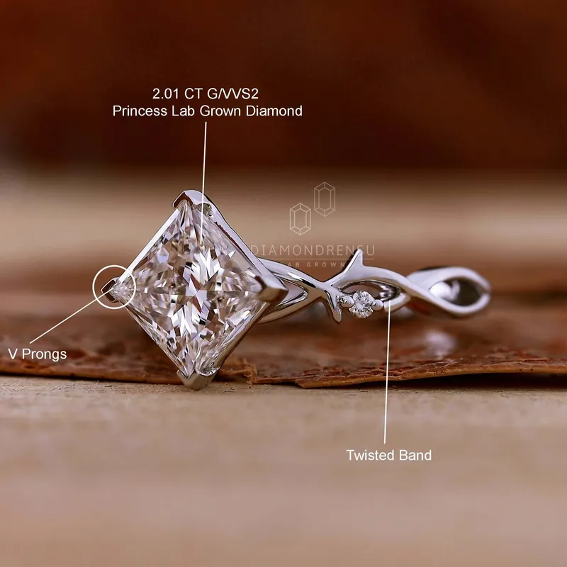 Unique Twisted Shank Ring, 2.01 CT Princess Cut Lab Grown Diamond Engagement Ring view 7