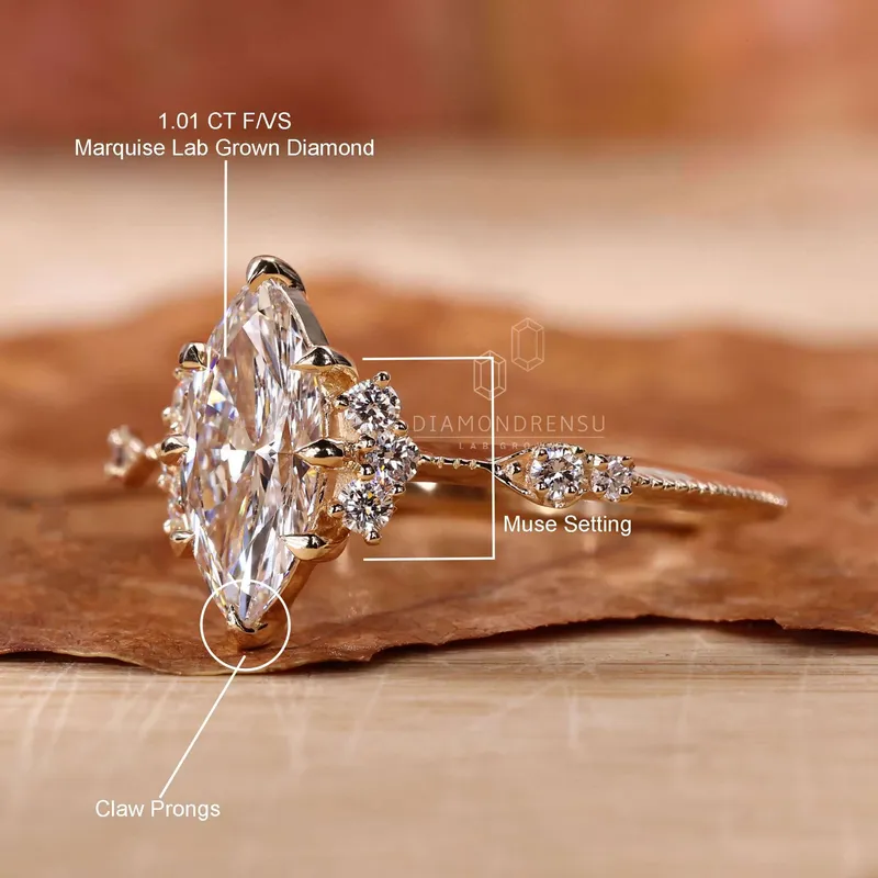 Vintage Engagement Ring, Marquise Cut Lab Grown Diamond Ring vy 9