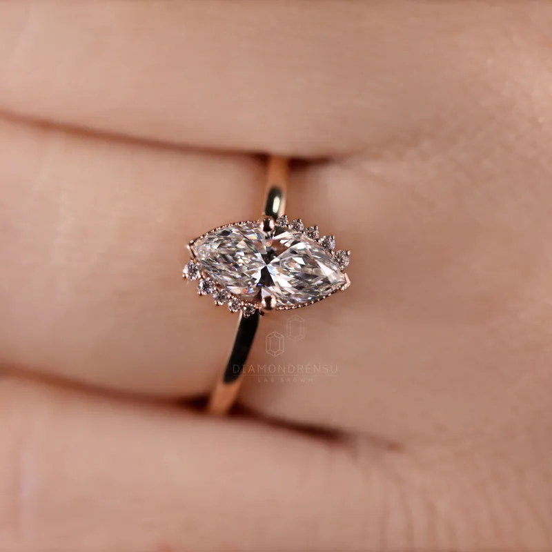 Vintage Inspired Halo Engagement Ring, 1.03 CT Marquise Cut E/VS Lab Diamond Ring, Milgrain Setting Ring view 7